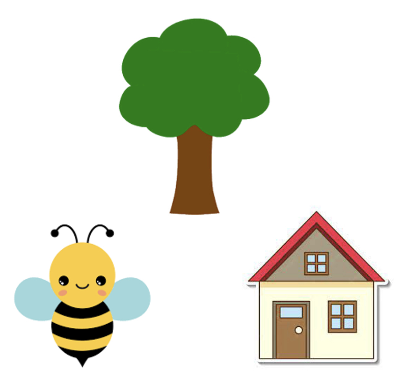 A picture of a house, bee and tree for rhyming words for IEP goal examples for ELA. 