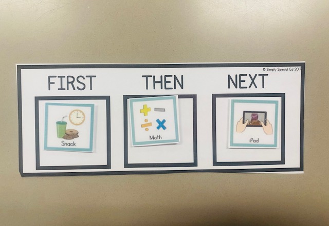 A "first, next, then" board is shown with schedule pieces indicating snack, math, iPad.