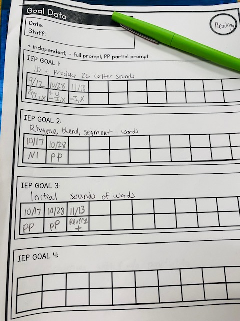 A close-up of a goal data sheet, with reading goals and progress marks written in the spaces.
