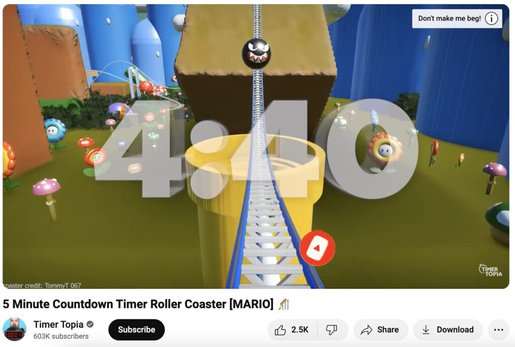 movement breaks on youtube: this video shows an interactive character-themed roller coaster with a countdown overlay