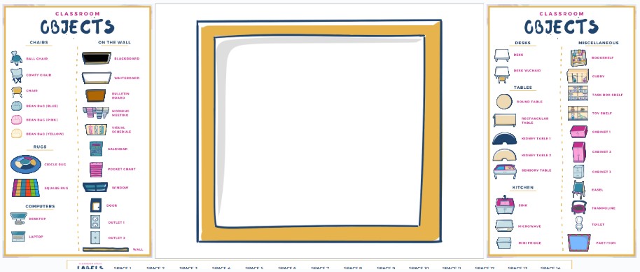 An image of a blank classroom shape. On ether side are illustrated images of furniture and other elements waiting to be added.