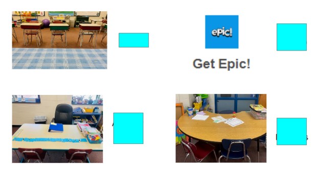 An image composed of four different classroom centers, including a carpet, kidney table, rectangular table, and computer program.