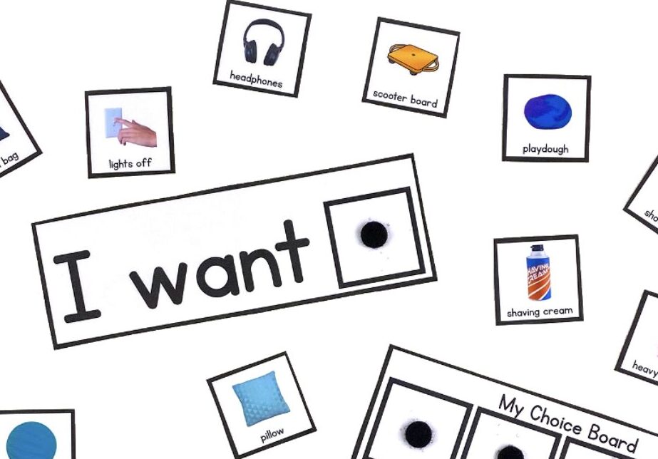 "I want" choice board with icons surrounding it for lights off, headphones, scooter board, play dough, shaving cream, pillow, etc.