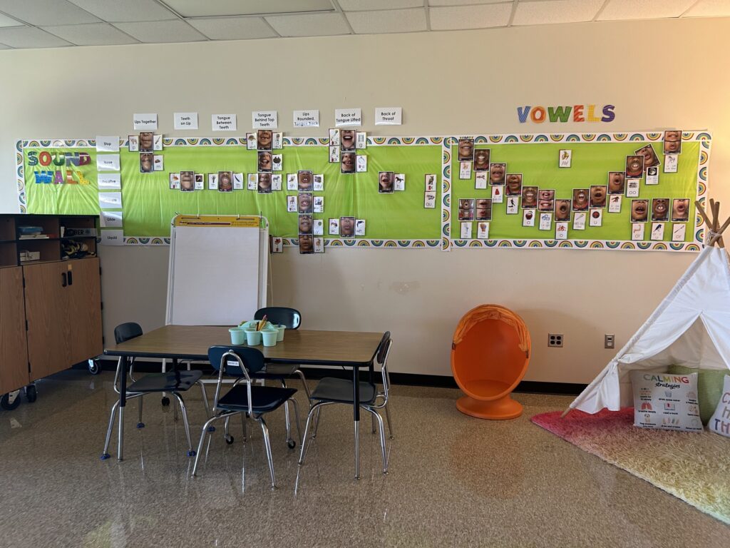 Sound wall and reading area in a resource classroom
