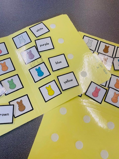 File folder color-matching tasks with colorful illustrated bunnies