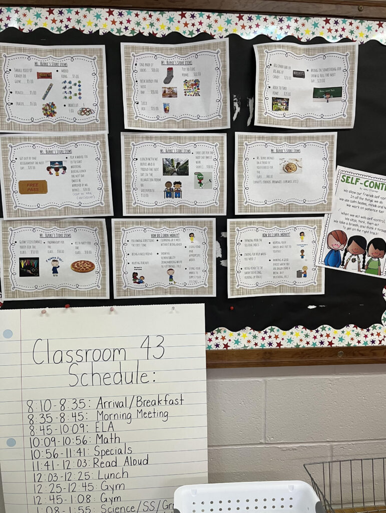 Classroom reward posters on a bulletin board