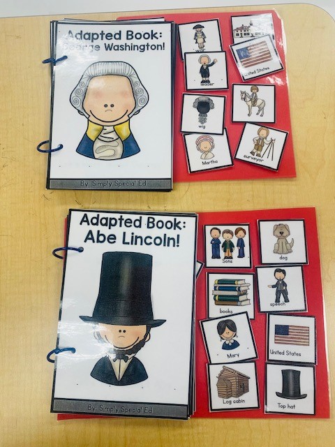 Two adapted books are shown - George Washington and Abraham Lincoln