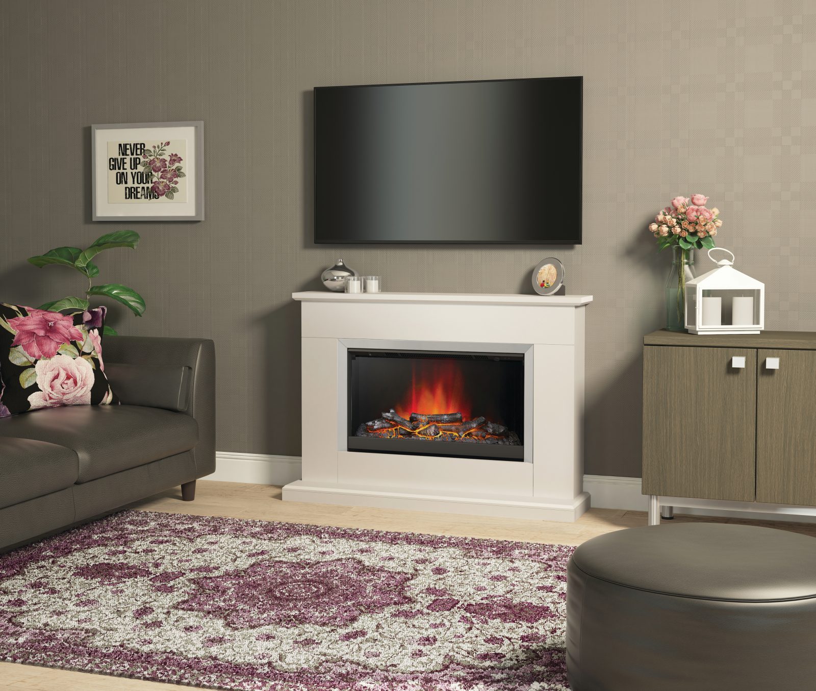 46" Hansford fireplace in Pearlescent Cashmere painted finish with Brushed Chrome Finished