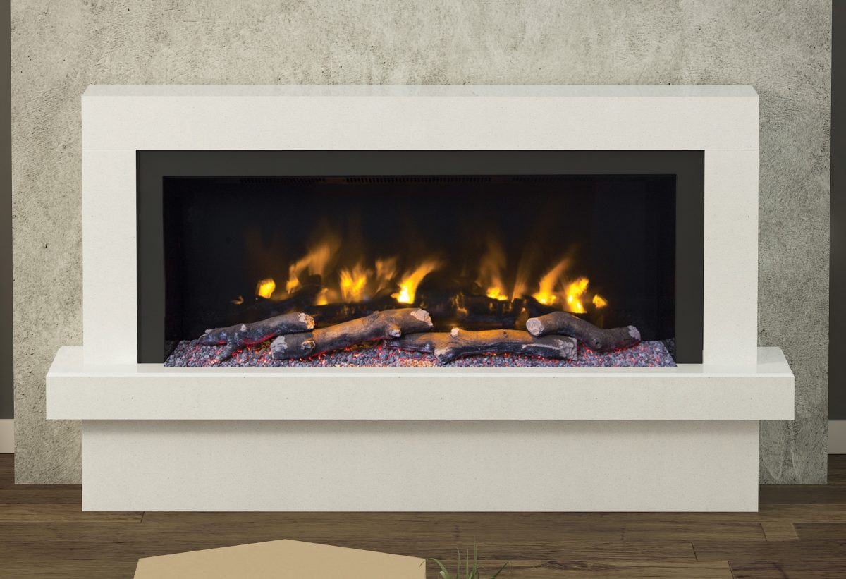 Pryzm 5D Electric Fire with Impero 57" Free Standing White Micro Marble