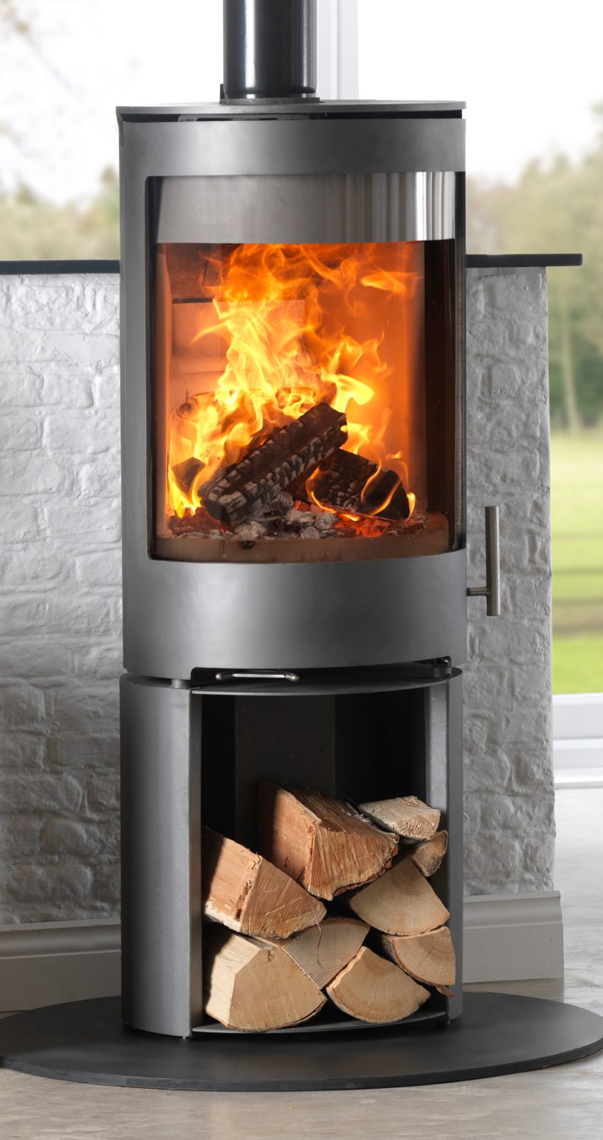 Purevision PVR Cylinder Multifuel Stove on High Log Store Stand in