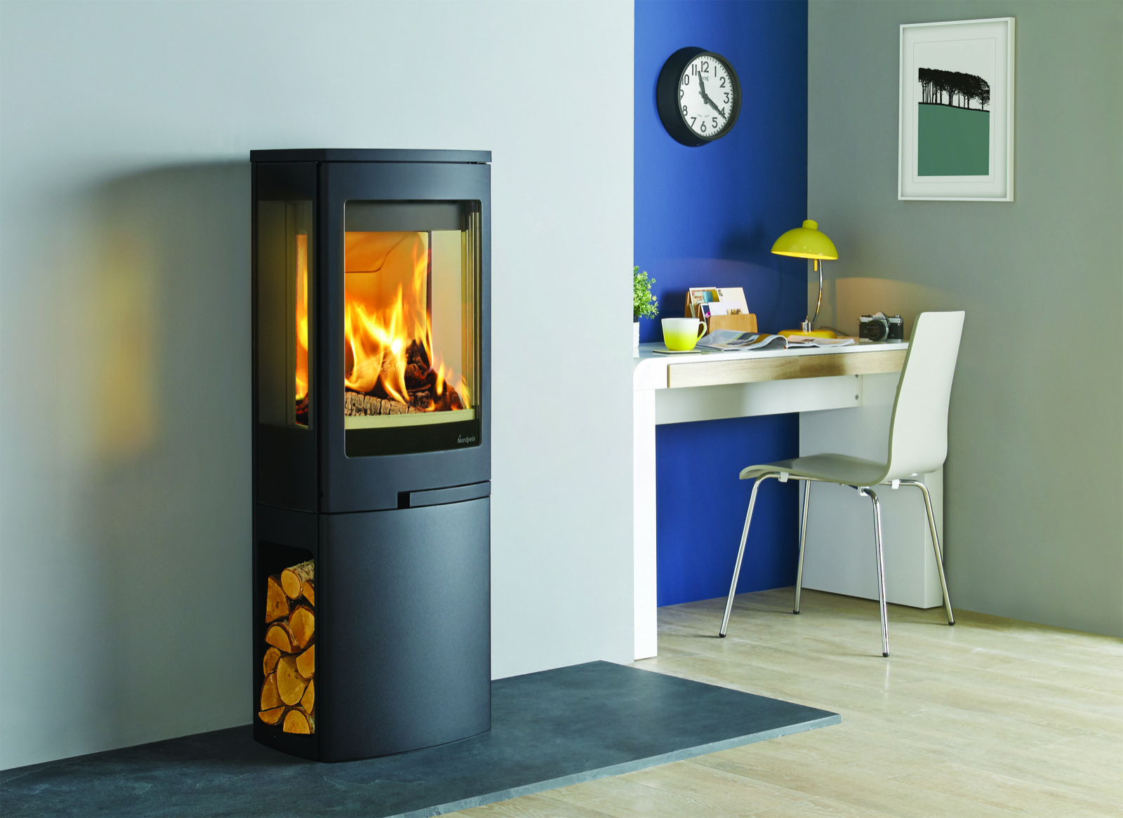 Nordpeis Duo 2 Glass Sided Wood Burning Stove with Log Store Base