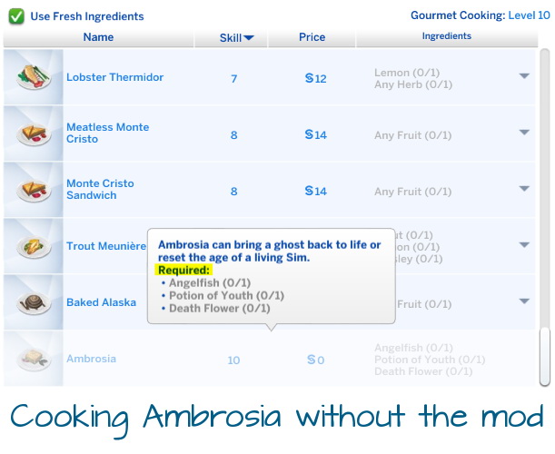 No/All Required Recipe Ingredients by scarletqueenkat at Mod The Sims
