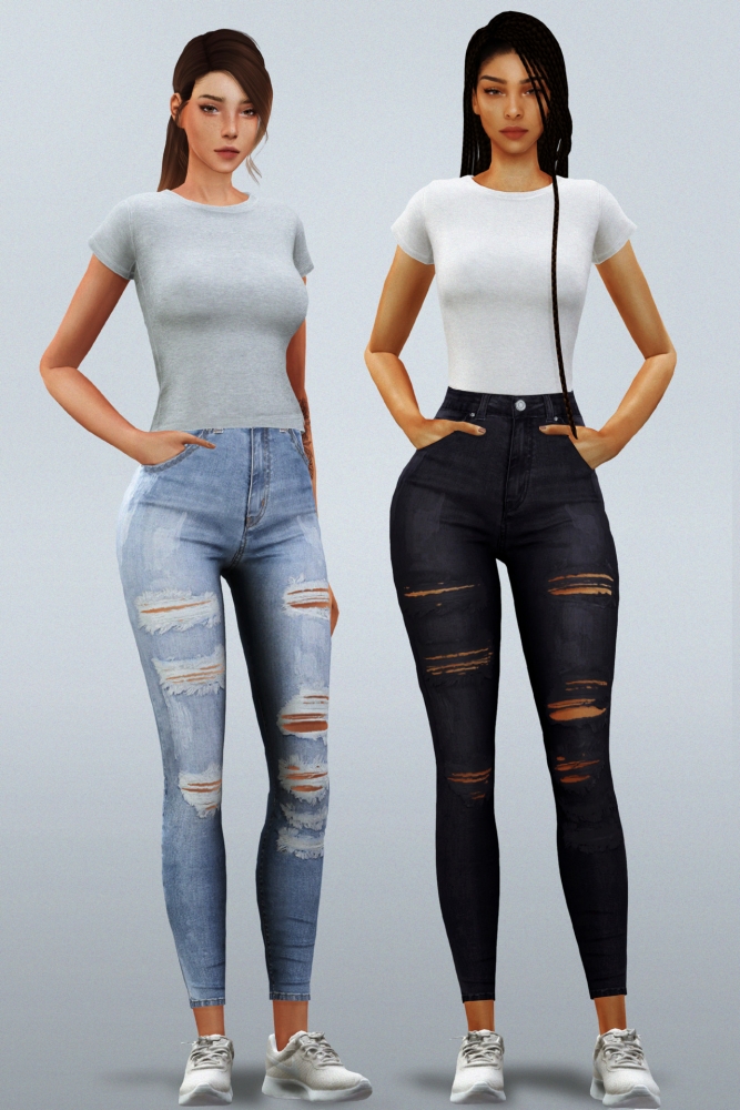Basic Tee + Tucked in & Ripped Skinny Jeans at Elliesimple » Sims 4 Updates
