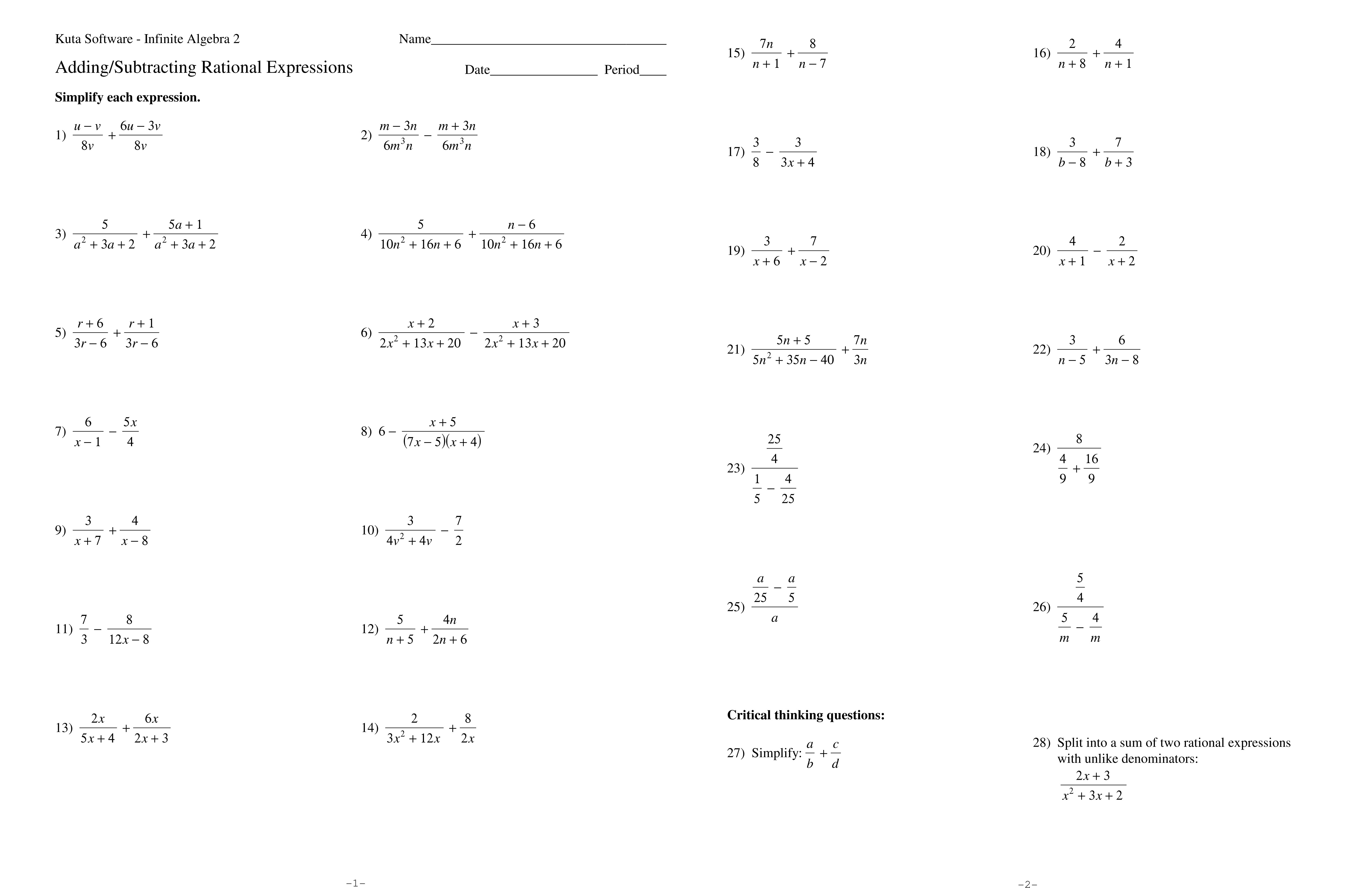 8 3 Adding And Subtracting Rational Expressions Answer Key