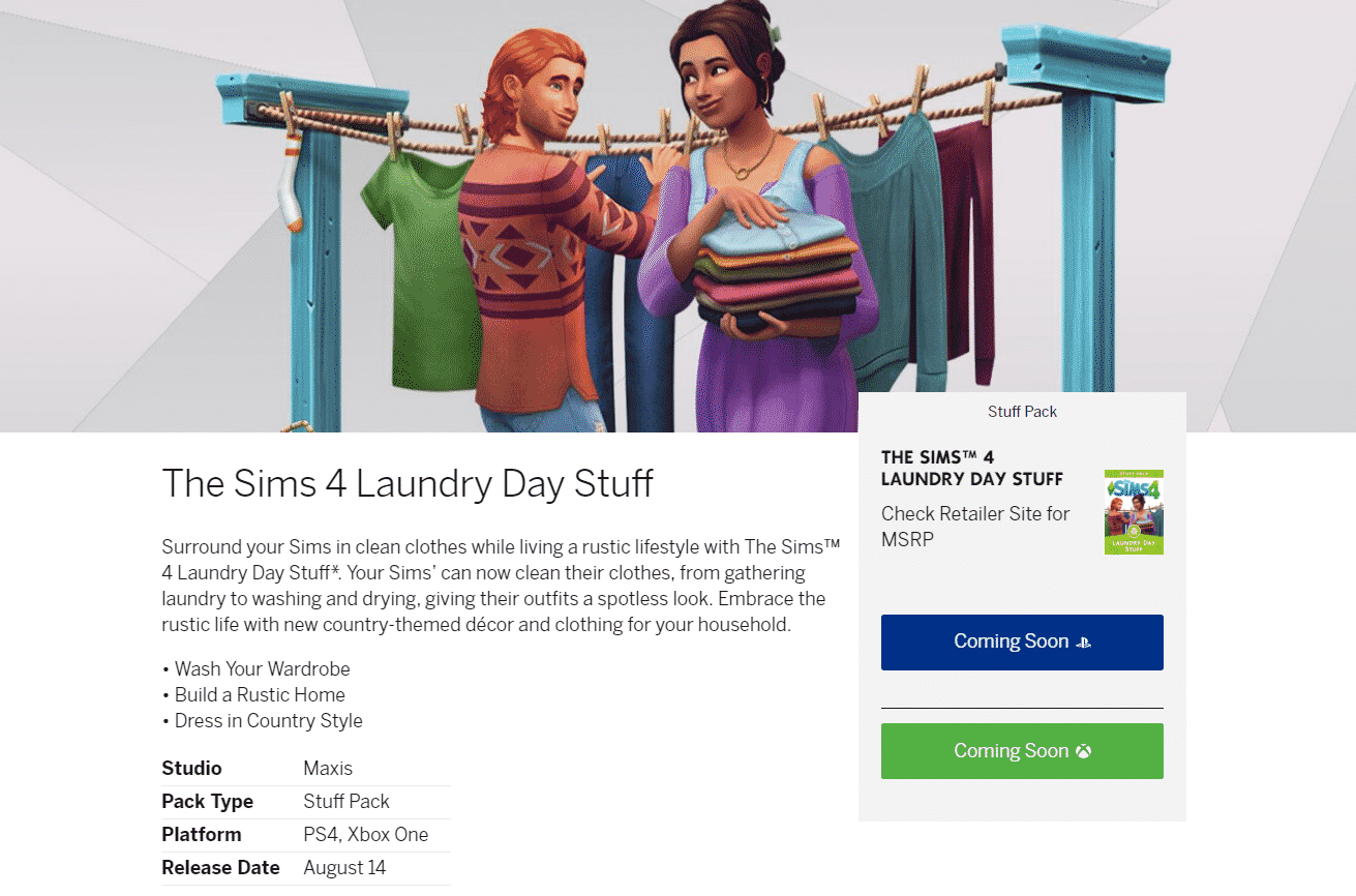 The Sims 4 Laundry Day Stuff coming to Consoles on August 14th