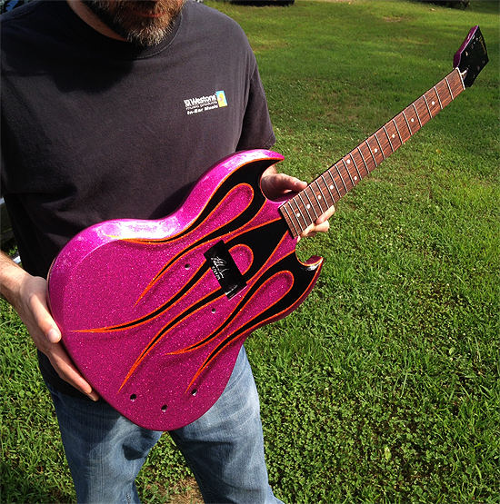 Custom Painted Gibson SG Guitar Fuchia Metalflake Flames Sims Guitar Refinishing