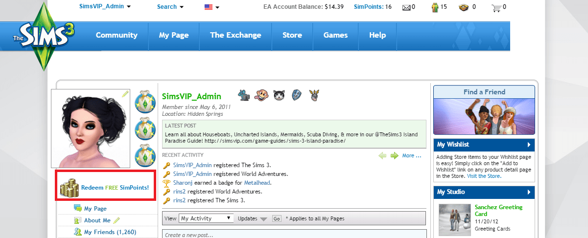 The Sims 3 Website "My Page" Offering Free Simpoint Redemption SimsVIP