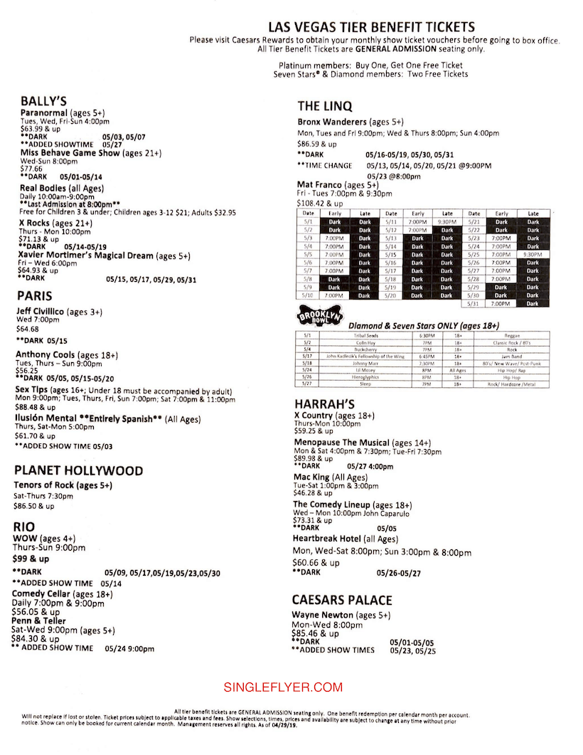 Free Shows In Vegas For Caesars Rewards Diamond Members | Singleflyer