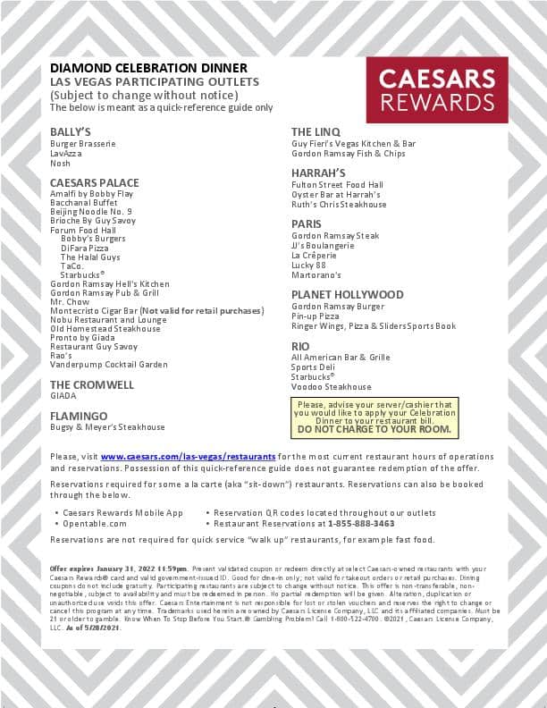 2023 Cet Diamond Show List Caesars Rewards Diamond Status – 2021 Update | Singleflyer