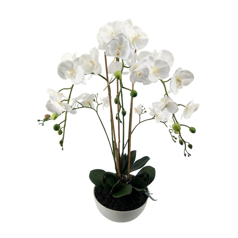 Faux Phalaenopsis White Orchid in Bowl Flower Arrangement Artificial