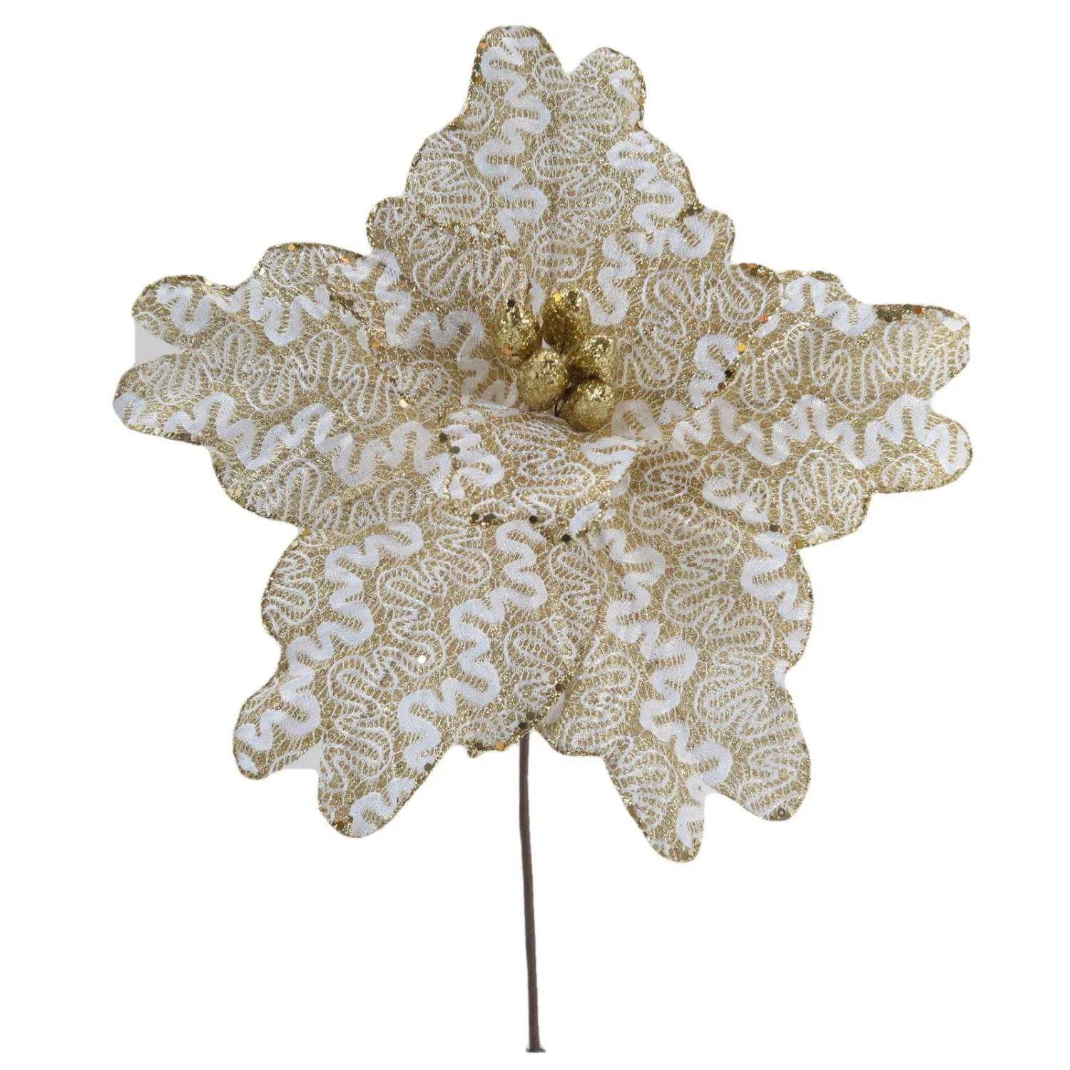 Cream Gold Fabric Poinsettia Pick Christmas Tree Decoration 10 Colors