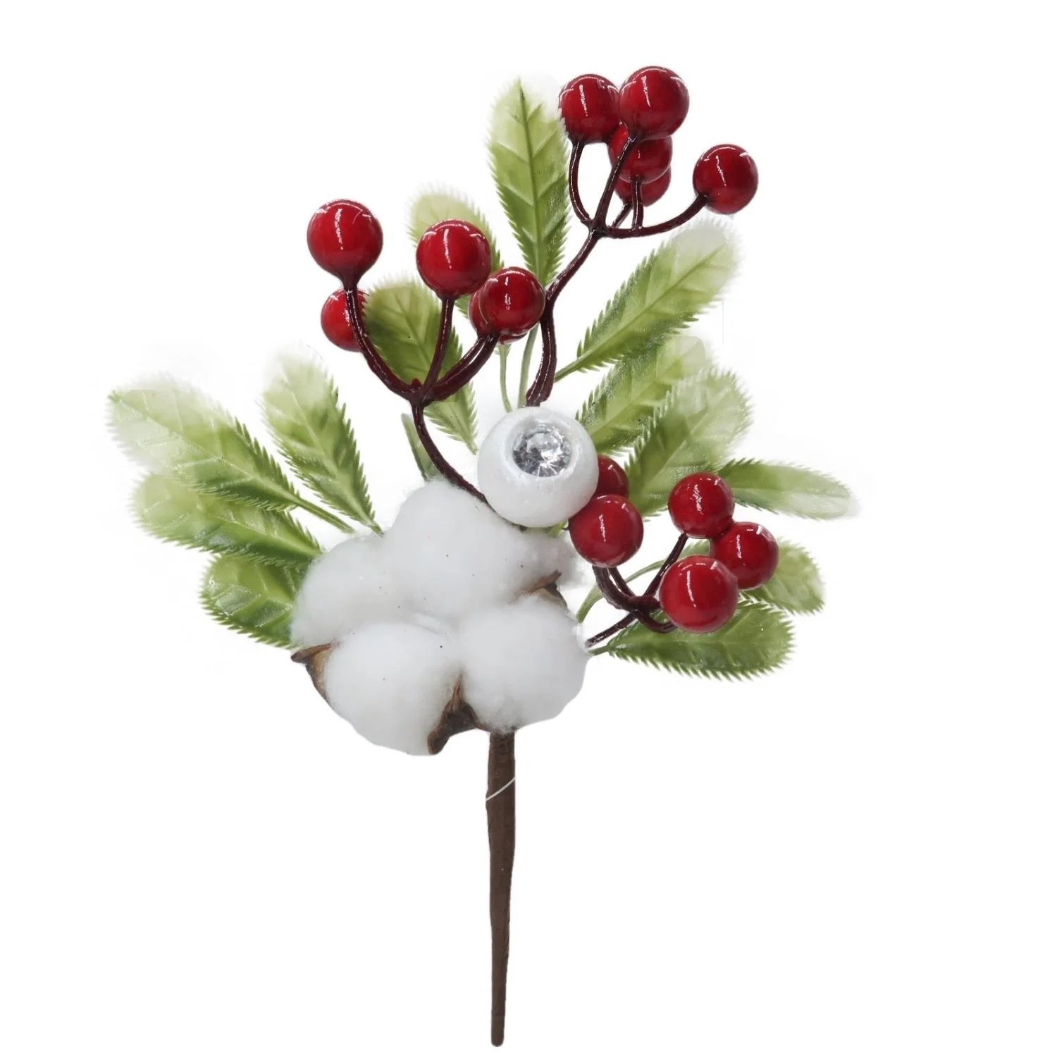 Faux Jewel Red Berry Cotton Greenery Pick for Xmas Christmas Floral