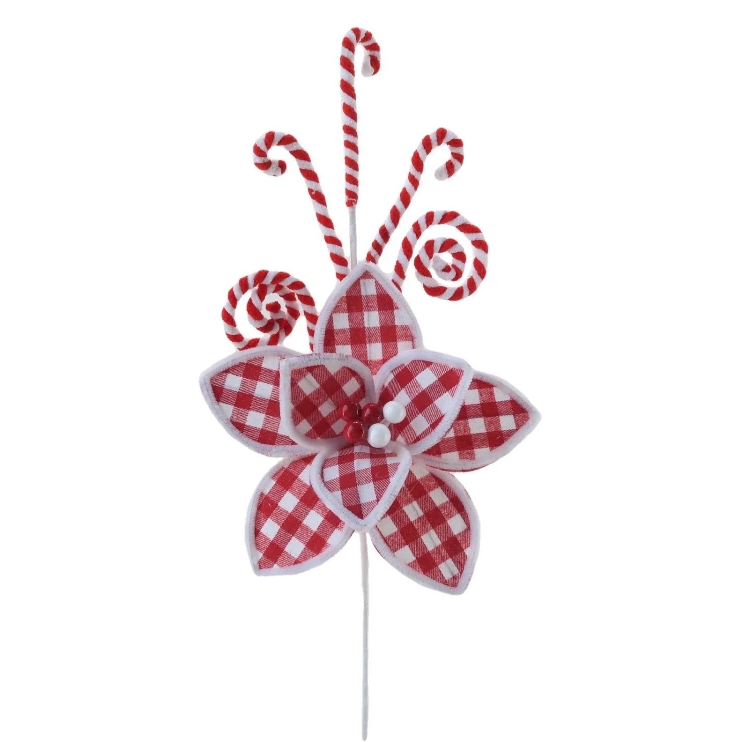 Xmas Faux Candy Cane Swirl White & Red Plaid Poinsettia Flower Pick Christmas Picks and Sprays