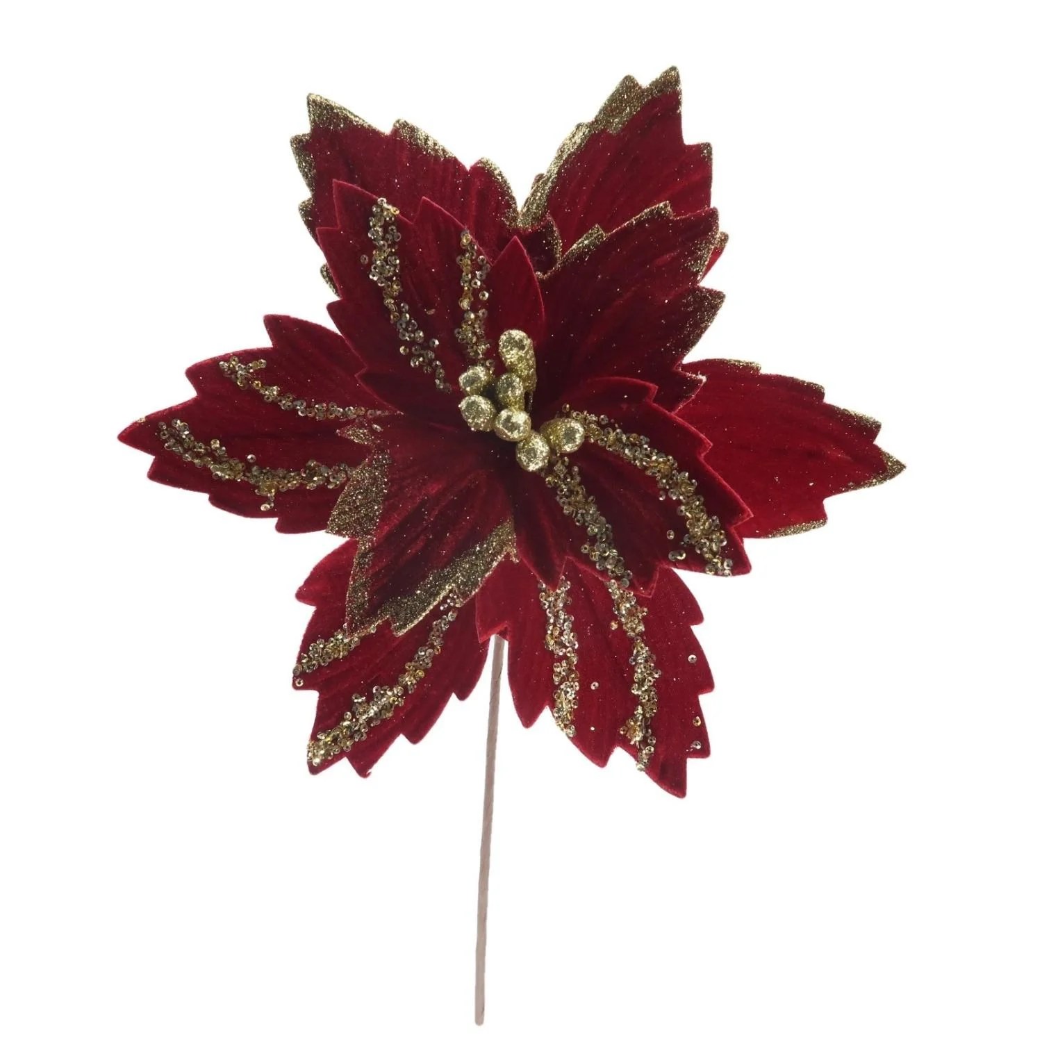 Glitter Golden Sequin Red Velvet Faux Poinsettia Flowers 4 Colors