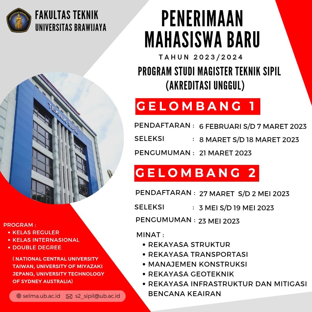 Penerimaan Mahasiswa Baru Tahun 2023/2024 Program Studi Magister Teknik Sipil FT UB Program