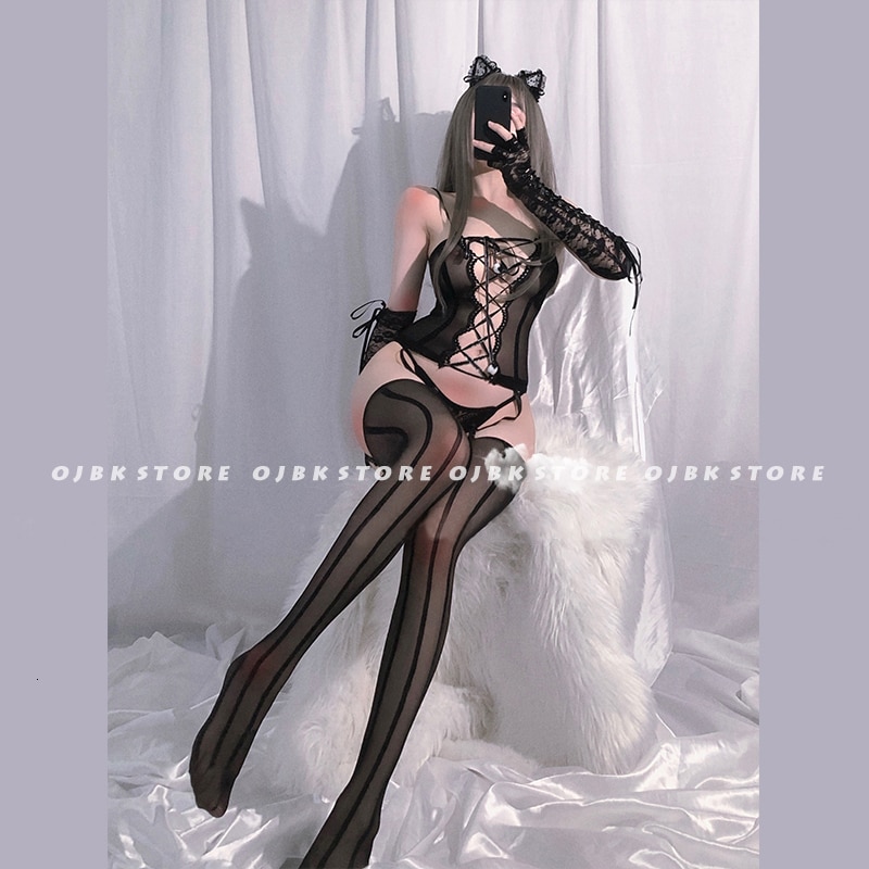 OJBK Sexy dessous Heiße Erotische Outfit 3Pcs Bodys gabelung elastizität mesh Top und