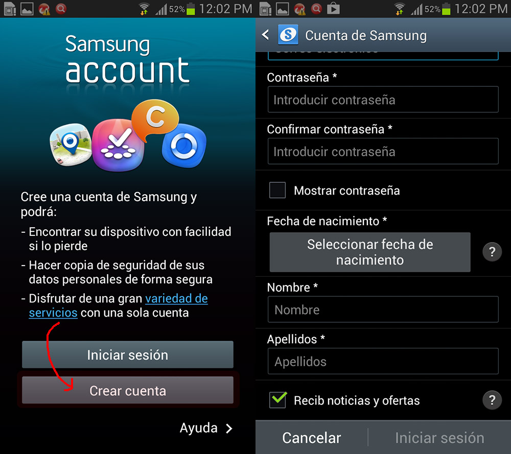 Crear una cuenta Samsung con un móvil Galaxy