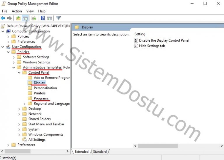 GPO Ayarlamaları Control Panel Display ve Programs 3 Sistem ve