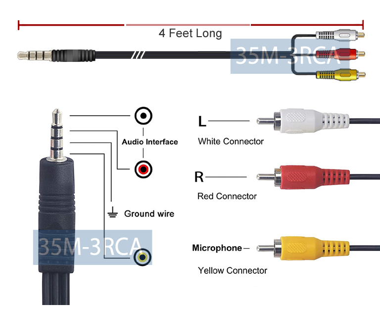 Premium 3.5mm to 3 RCA Video Audio Adapter Cable For Camcorder Mini DVR