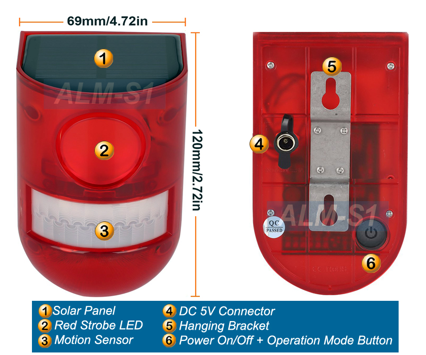 SolarPowered Motion Sensor Outdoor Indoor Alarm With Loud Siren Sound