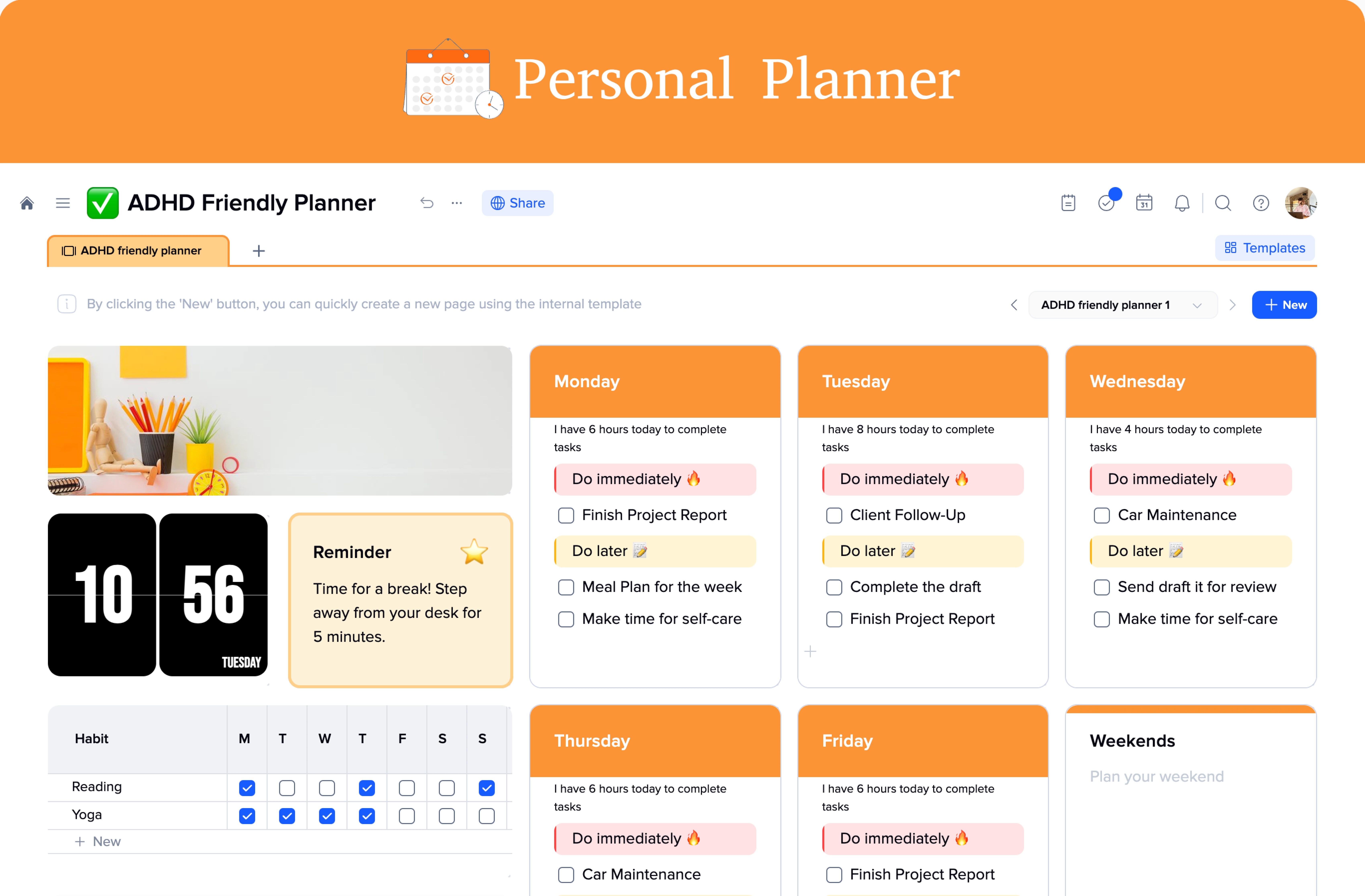 Weekly Planner Simple Template online for free xTiles