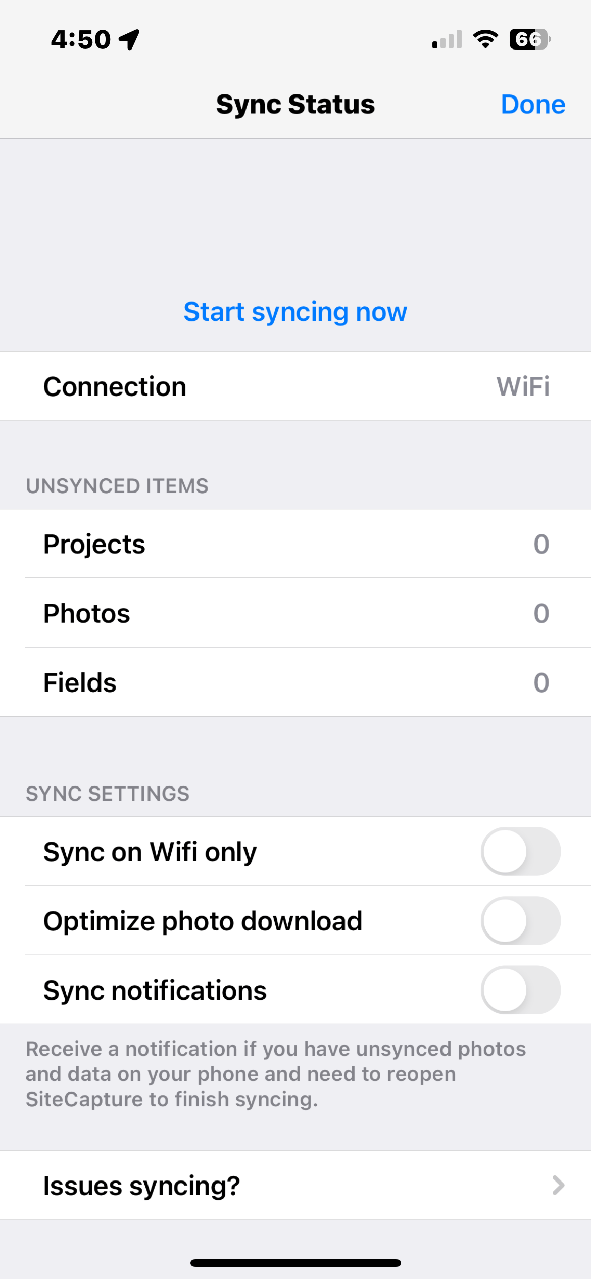 Syncing, Sync Status Screen, and Sync Settings SiteCapture