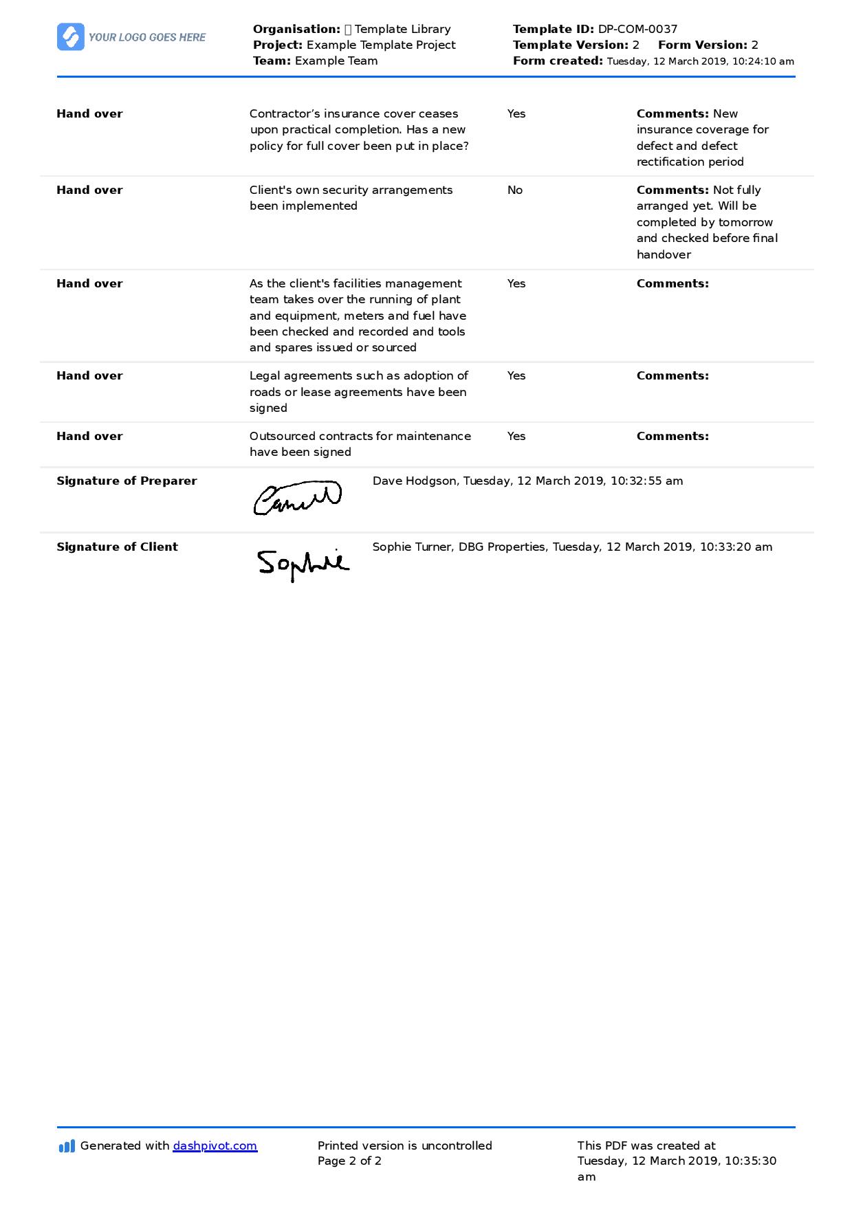 Construction Project Handover Checklist template (Better than excel)