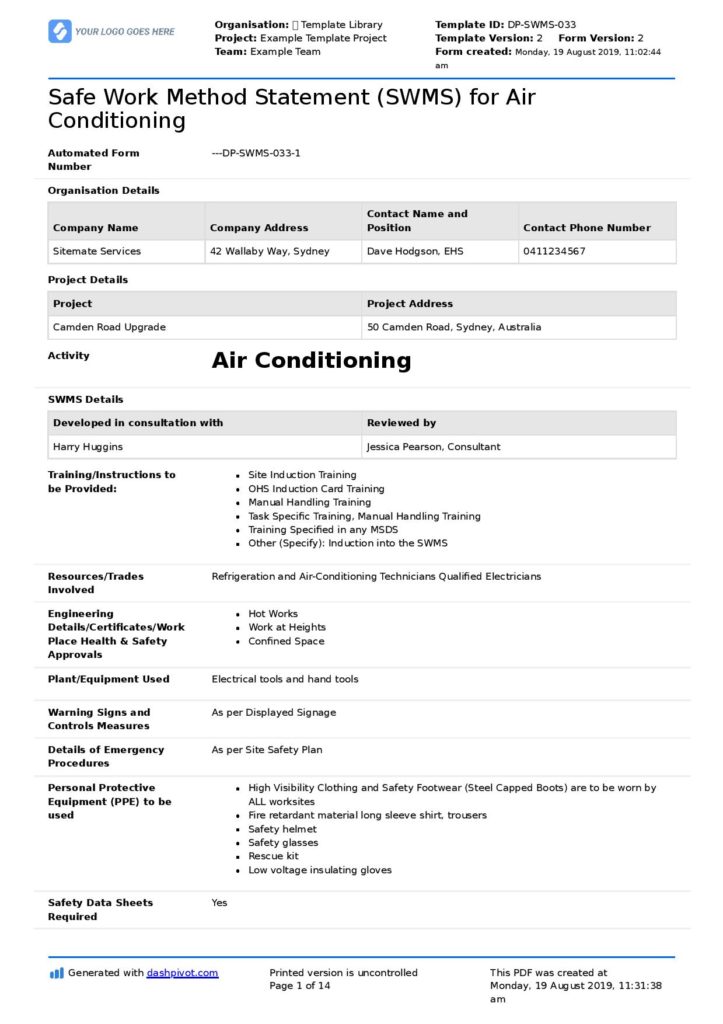 Air Conditioning Safe Work Method Statement (Free air con SWMS)