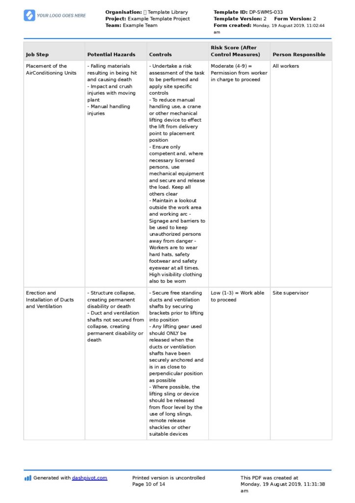Air Conditioning Safe Work Method Statement (Free air con SWMS)