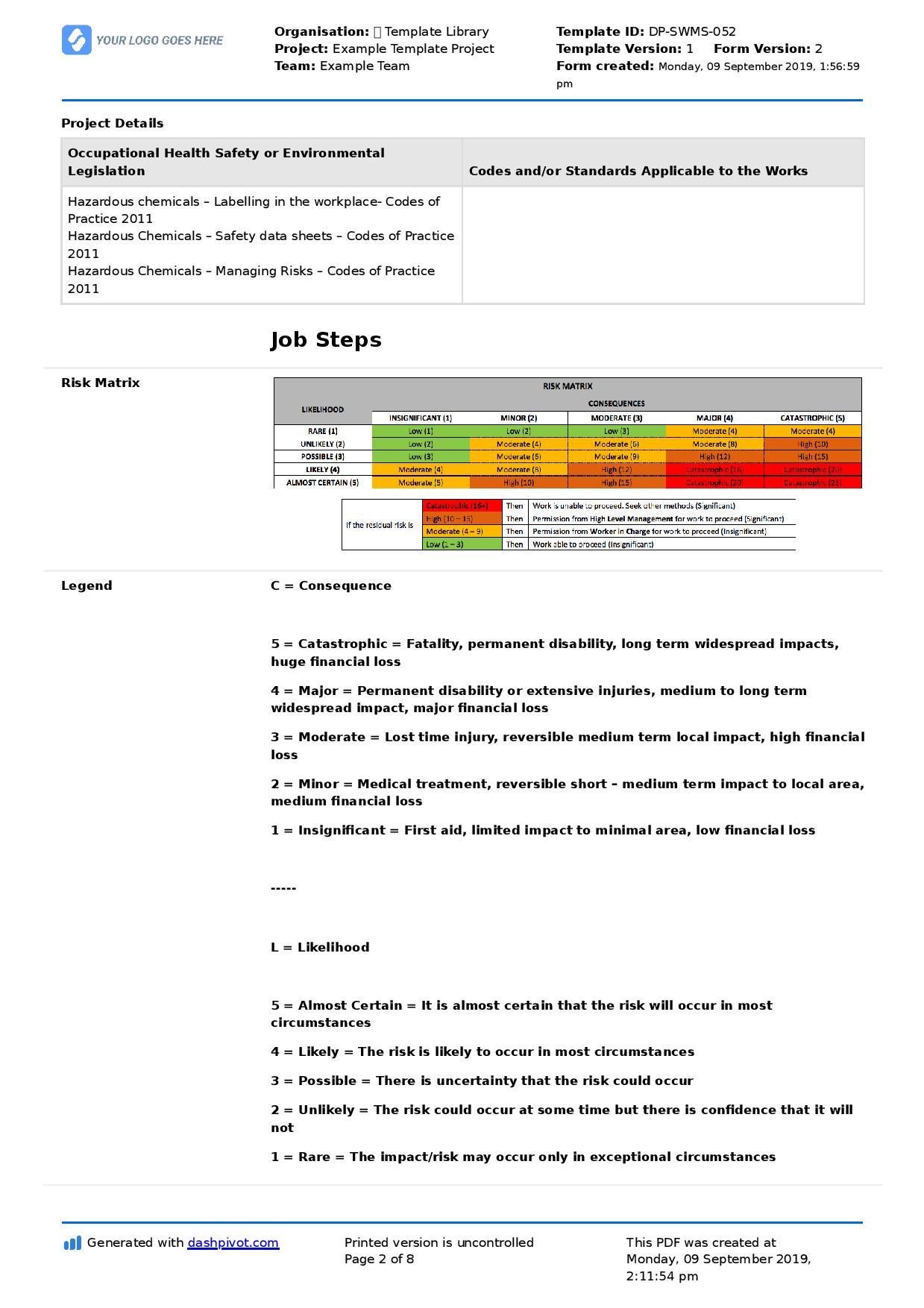 Chemical Handling Safe Work Method Statement (SWMS)