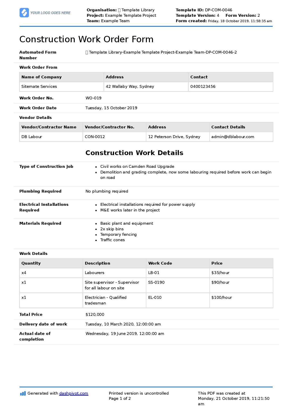 Maintenance Work Order Form Template