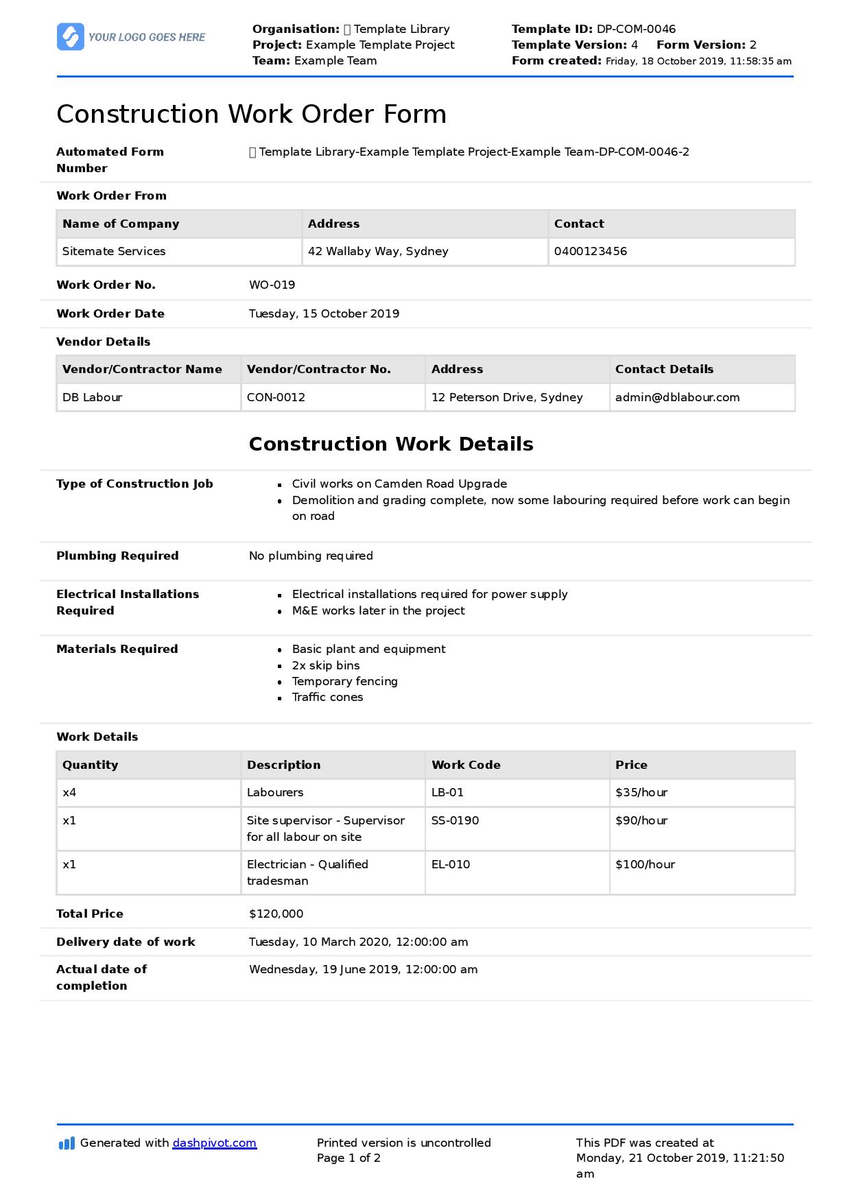 Maintenance Work Order Form Template