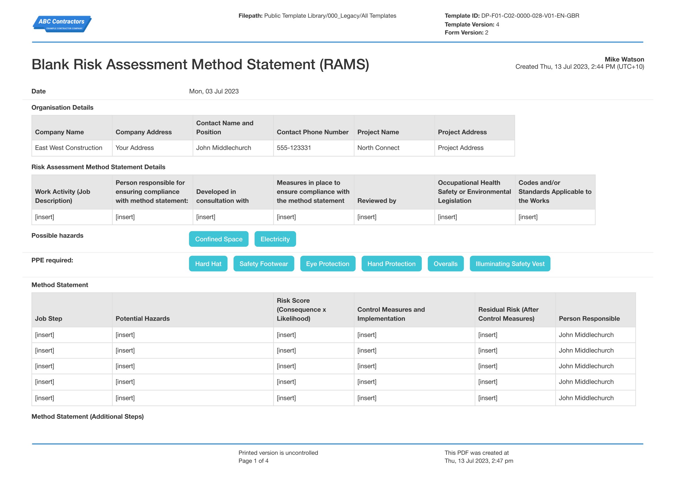 Risk Assessment Method Statement (RAMS) template get it free