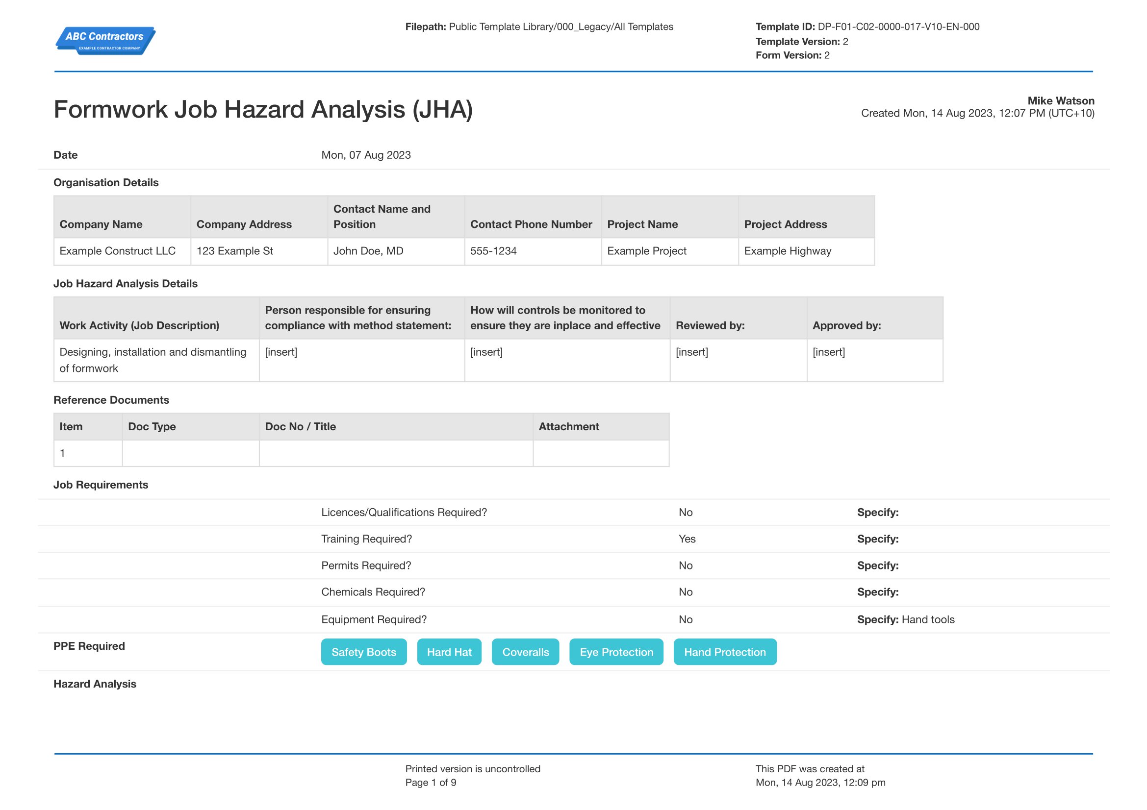 Formwork Job Hazard Analysis template use the free template