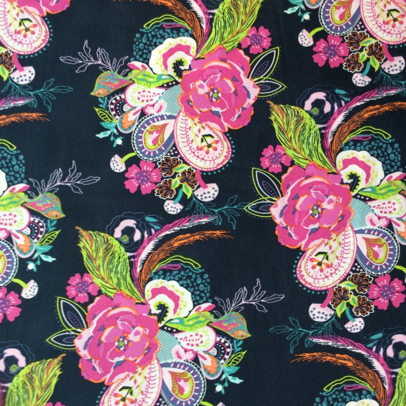 AR04 Floral Birds Flowers Feathers Paisley Navy Quilt Cotton Quilting