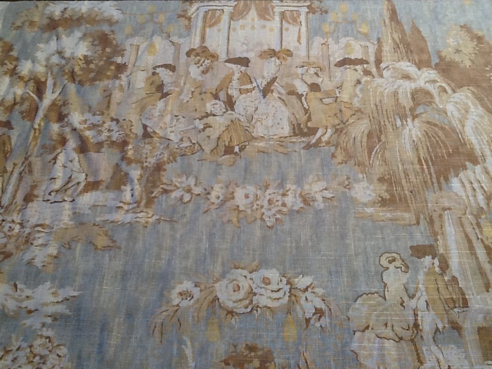 Toile Colonial Print Linen Fabric Sky Blue Drapery Fabric Upholstery