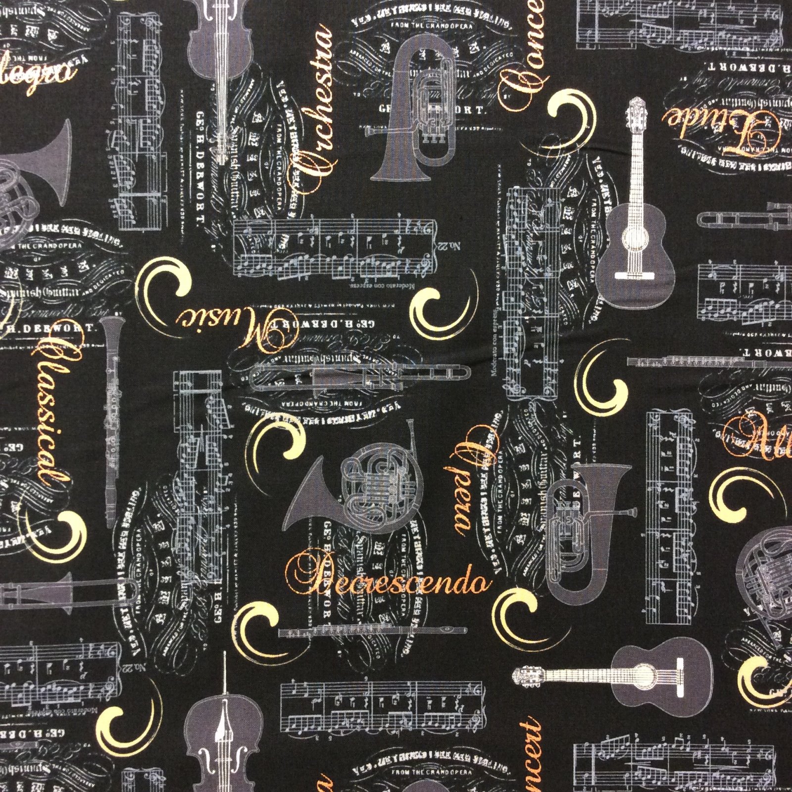 NT02 Brass Instruments Copper Metallic French Horn Quilt Cotton Quilting Fabric