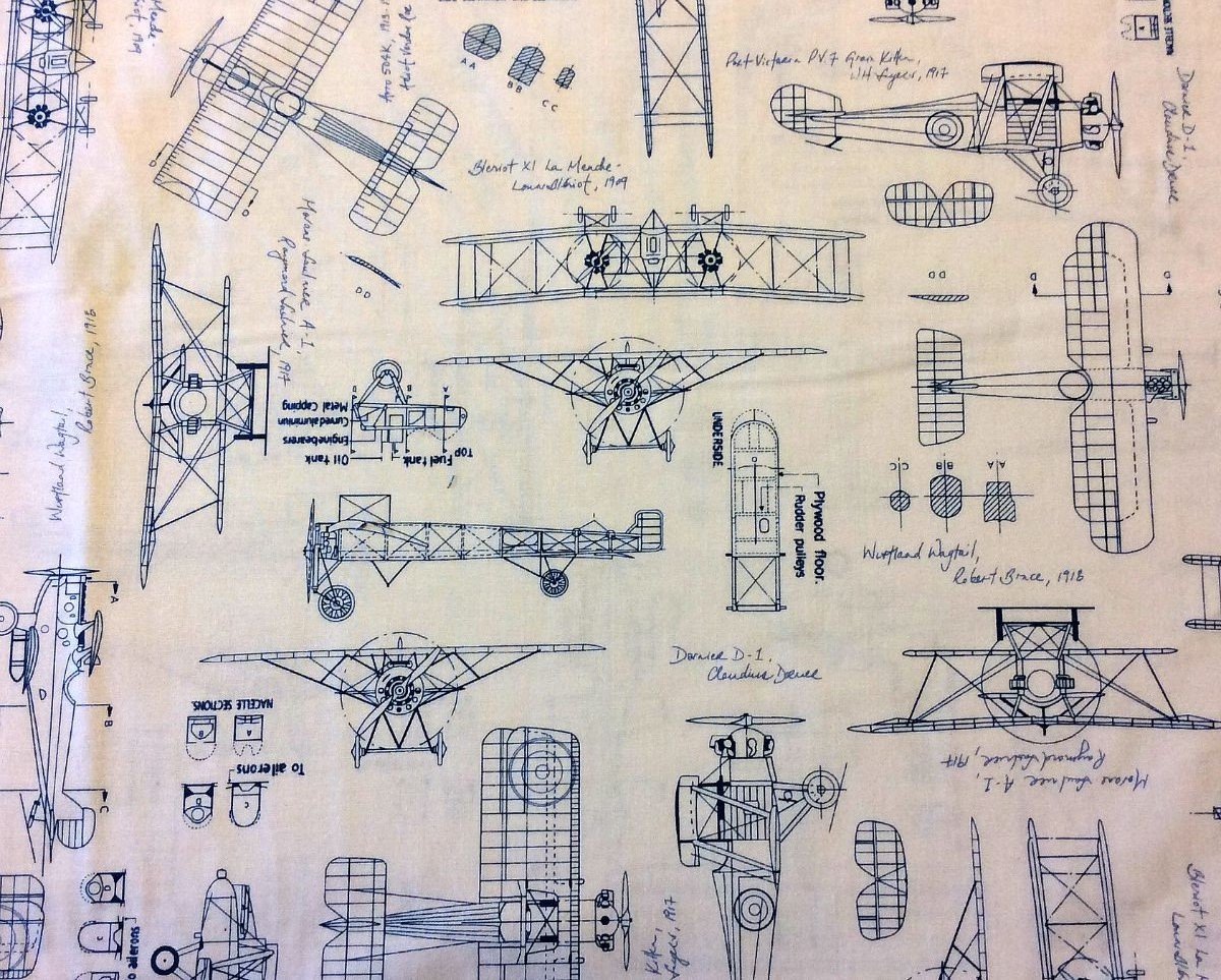 RK123 Blueprint Airplane Architect Drafting Engineer Quilting Cotton Fabric