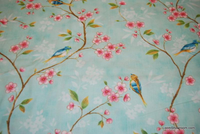L79 Birds and Flowers Aqua background Vintage Bird Cherry Blossom
