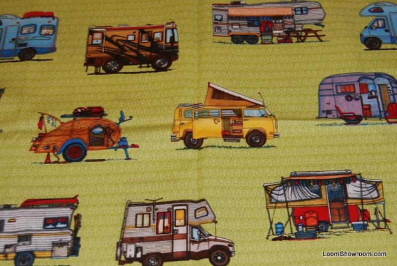 Camper RV Motor Home Retro Happy Camper Lime Cotton Fabric Quilt Fabric